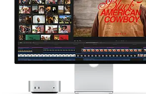 Mac mini associé à un Studio Display, écran affichant à droite l’écran titre d’un film intitulé Black American Cowboy et à gauche plusieurs images