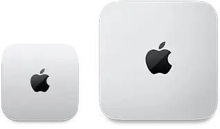 Deux Mac mini, vus de dessus, aluminium argent, angles arrondis, logo Apple noir brillant centré, l’appareil de gauche correspond à la nouvelle version et fait moins de la moitié de la taille de celui de droite