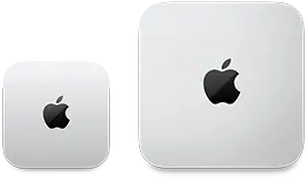 Deux Mac mini, vus de dessus, aluminium argent, angles arrondis, logo Apple noir brillant centré, l’appareil de gauche correspond à la nouvelle version et fait moins de la moitié de la taille de celui de droite