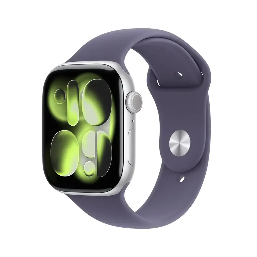 Apple Watch Series 11 GPS 46 mm boîtier aluminium Argent avec Bracelet Sport Brume violette — S/M