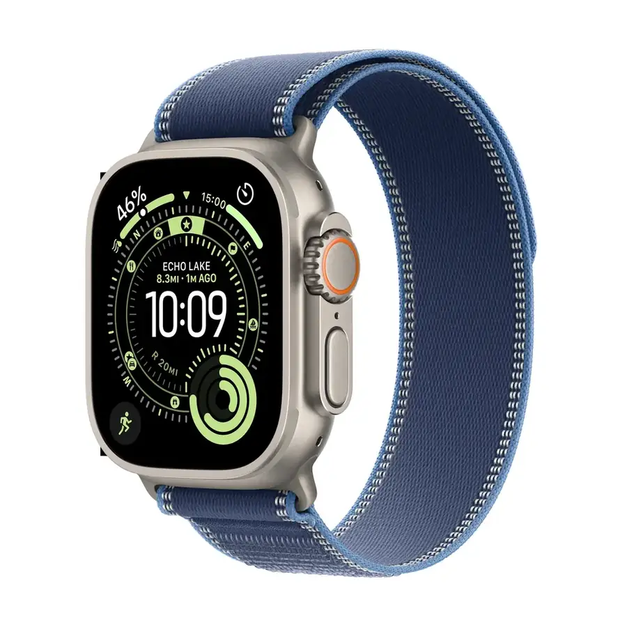 Apple Watch Ultra 3 GPS + Cellular 49 mm boîtier titane Naturel avec Boucle Trail Blue/Bright Blue — S/M