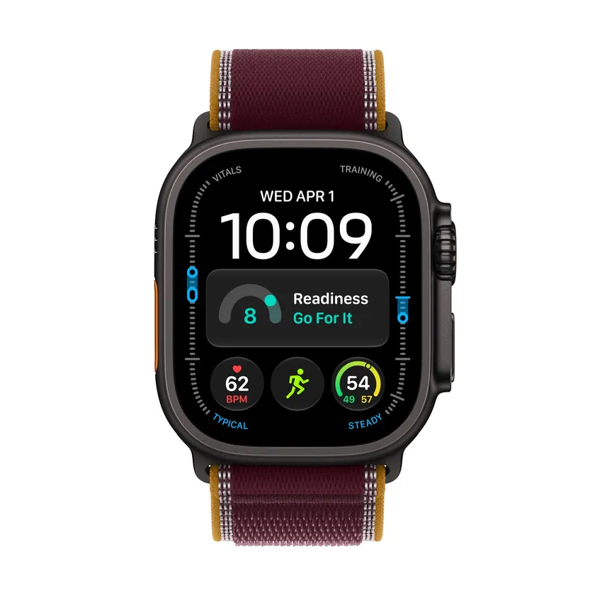 Apple Watch Ultra 4 GPS + Cellular 49 mm Titane noir avec Boucle Trail bordeaux — M/L
