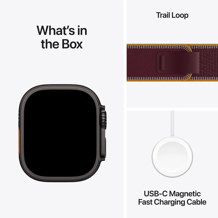 Apple Watch Ultra 4 GPS + Cellular 49 mm Titane noir avec Boucle Trail bordeaux — M/L