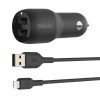 Dual USB-A Car Charger w/ 1M PVC A-LTG, 24W, BLK